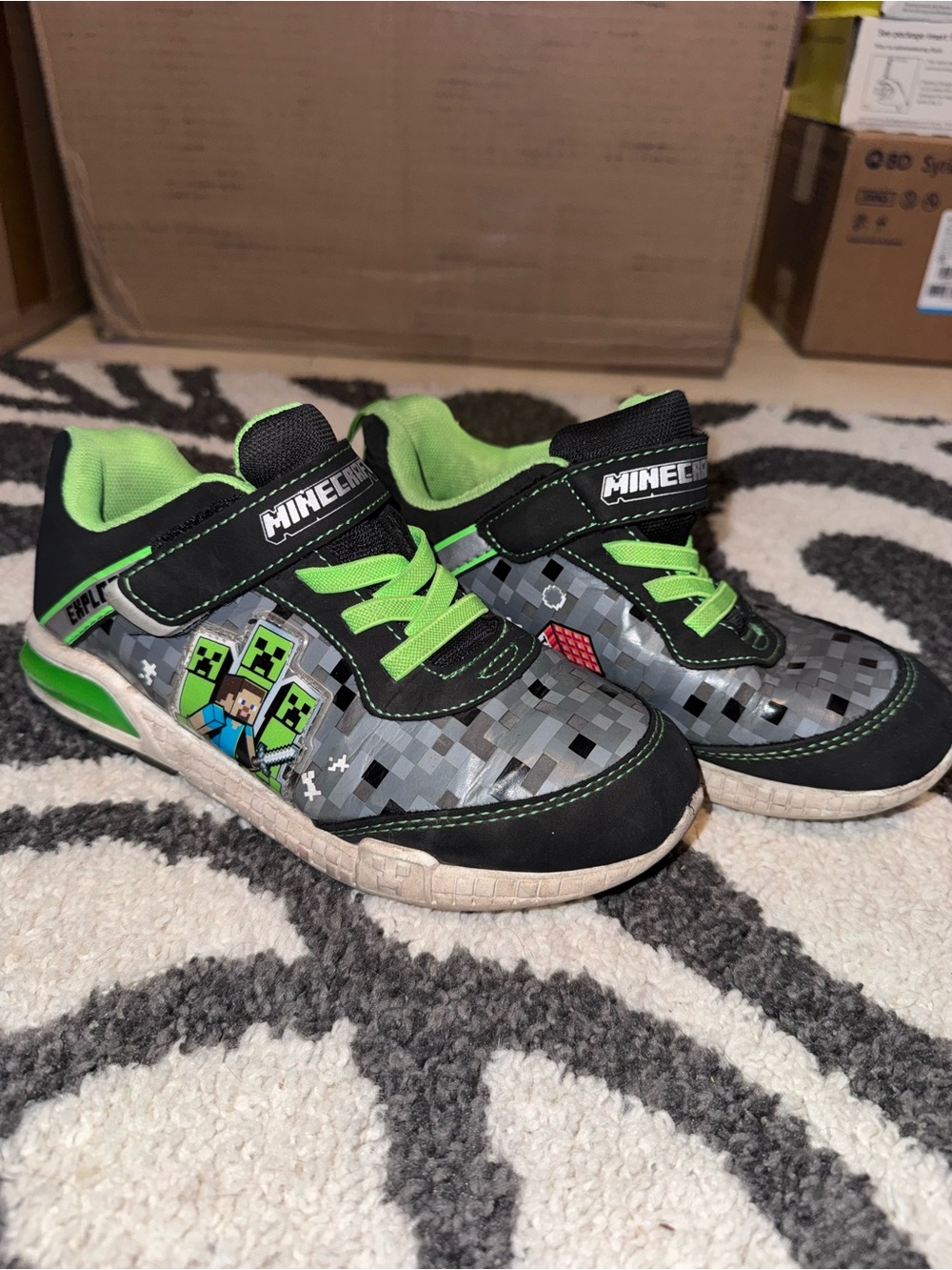 Minecraft Kids' Black and Neon Green Hook-and-Loop Sneakers